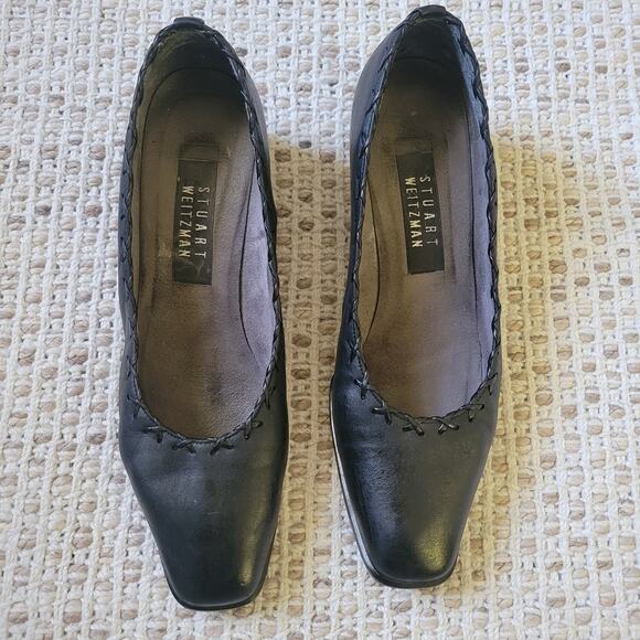 Stuart Weitzman Womens 7* Black Leather Heels Square Toe Whip Stitch Block Heel - Picture 2 of 8